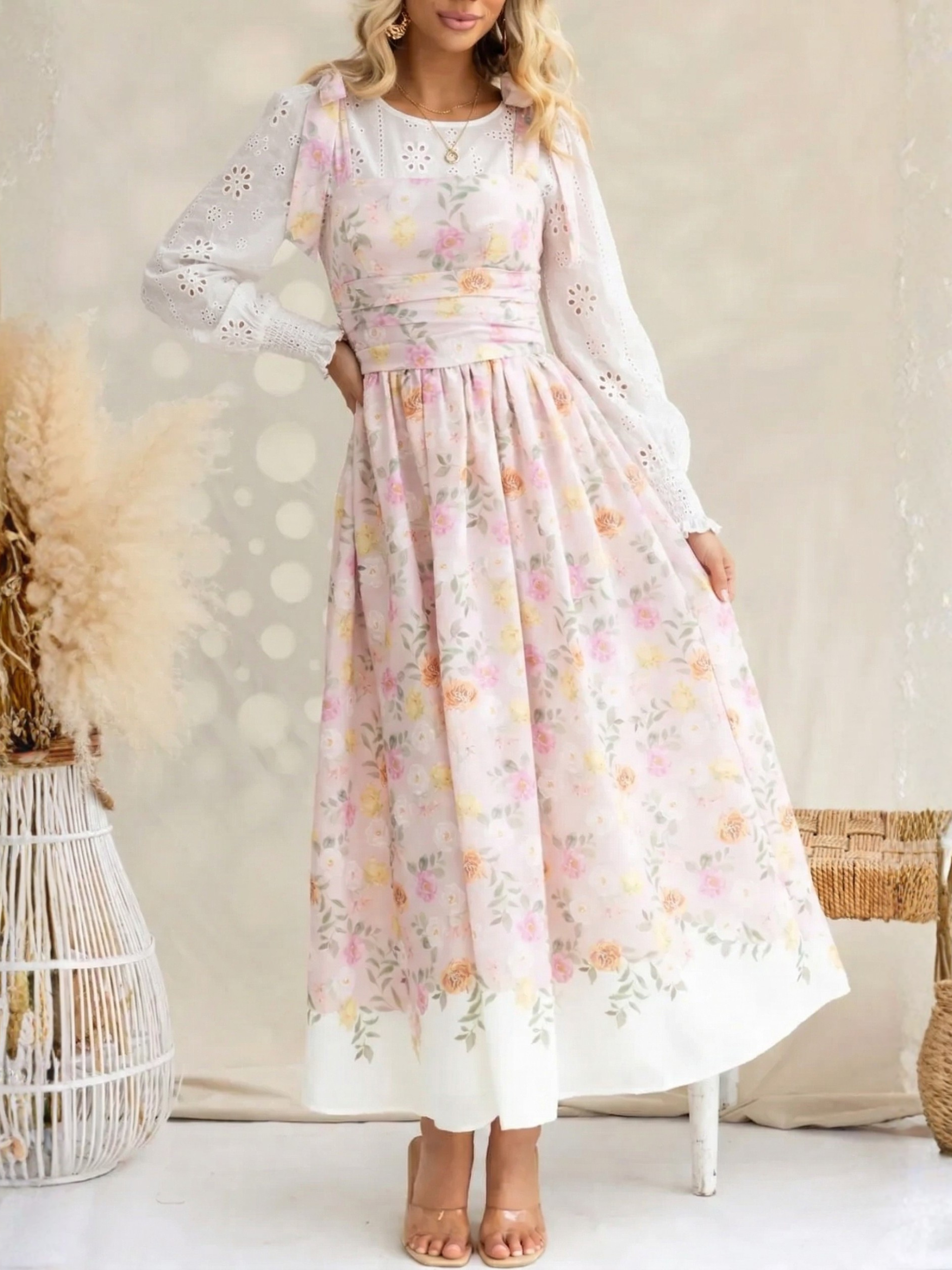 Floral Print Tie-Shoulder Square Neck Midi Dress