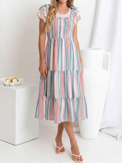Striped Sweetheart Smocked Tiered Midi Dress