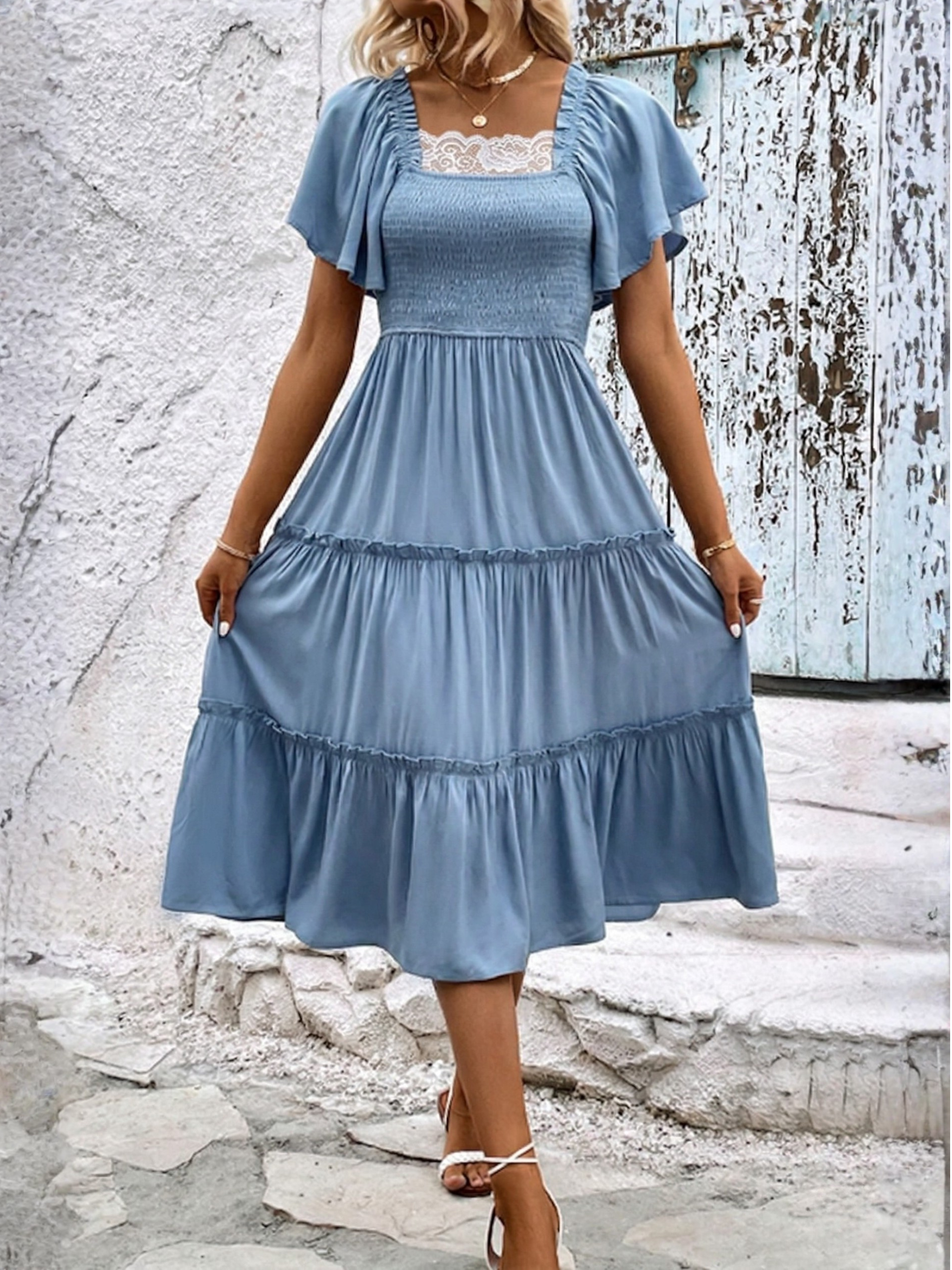 Square Neck Flutter Sleeve Smocked Tiered Midi Dress
