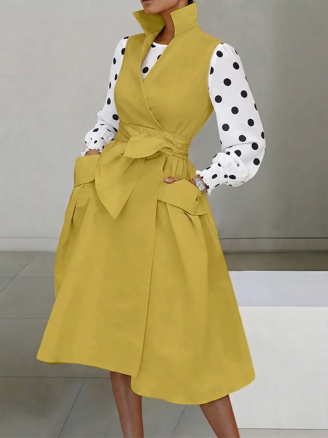 Stand Collar Wrap Bodice Tie Waist Midi Dress with Pockets