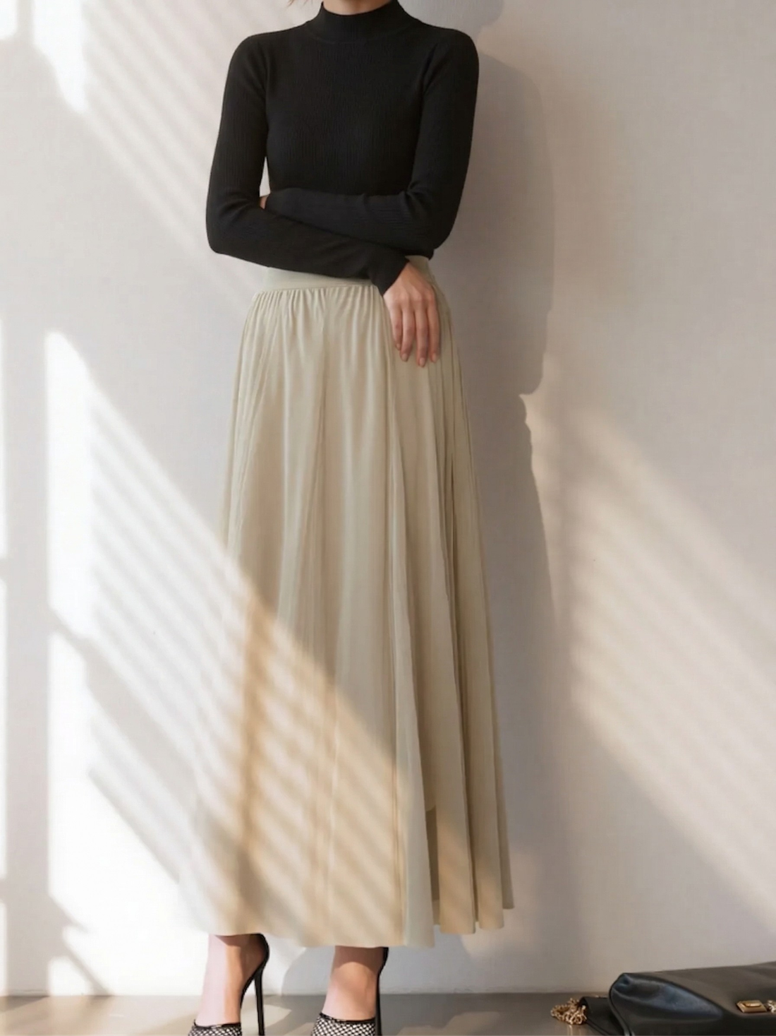 High-Waisted Pleated Mesh Midi Skirt