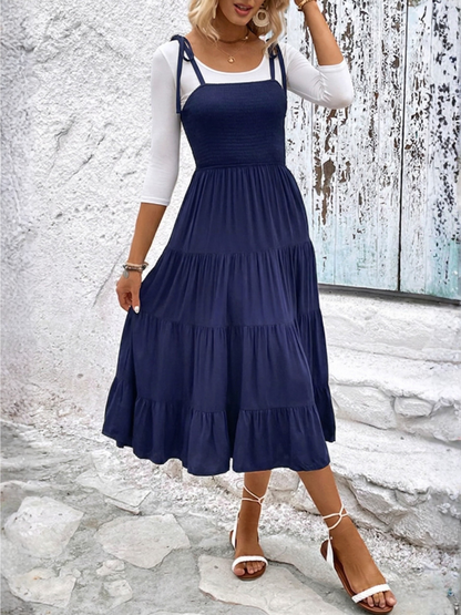 Smocked Tie-Shoulder Tiered Midi Dress
