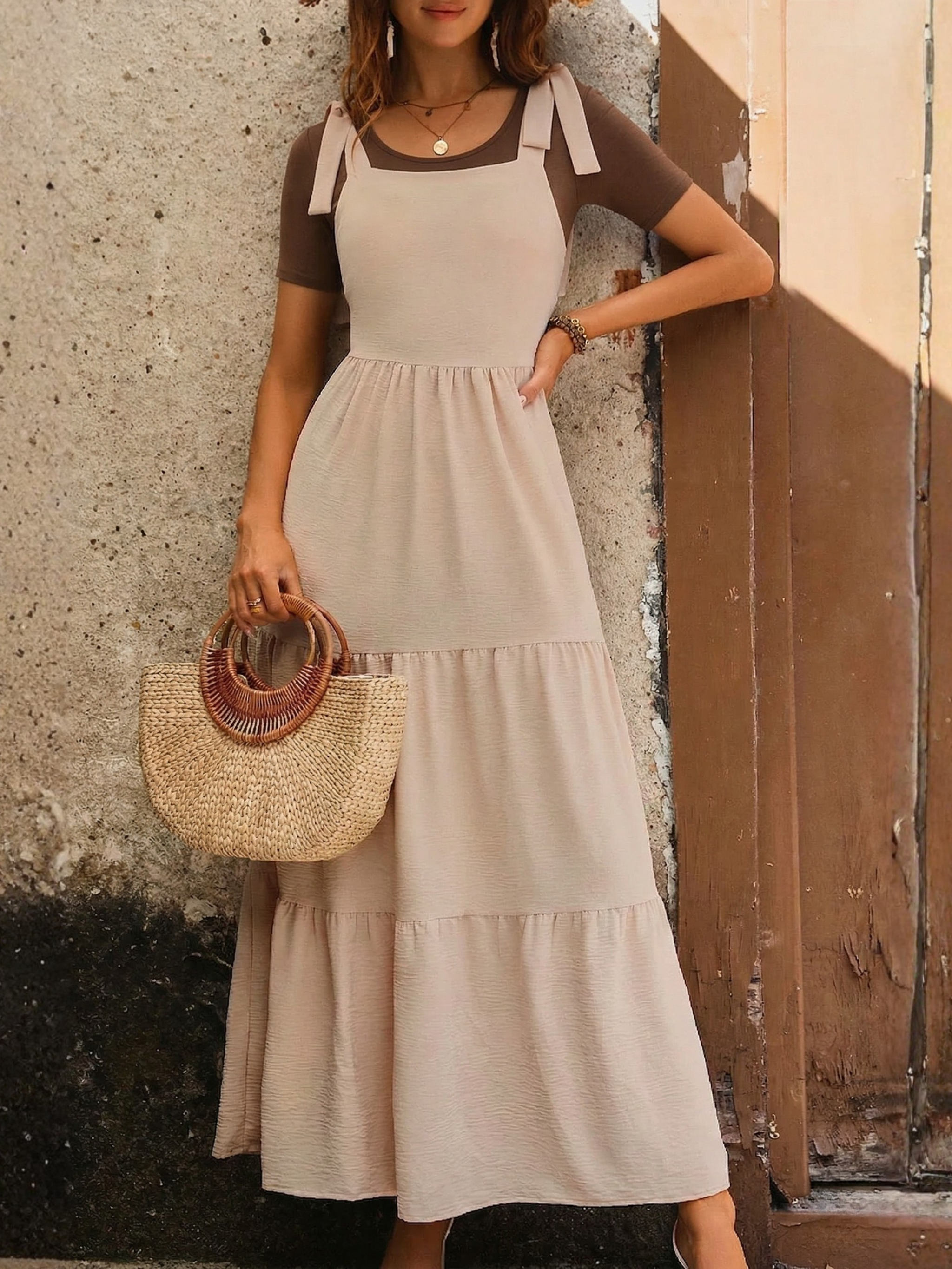 Tie-Shoulder Smocked Tiered Maxi Dress