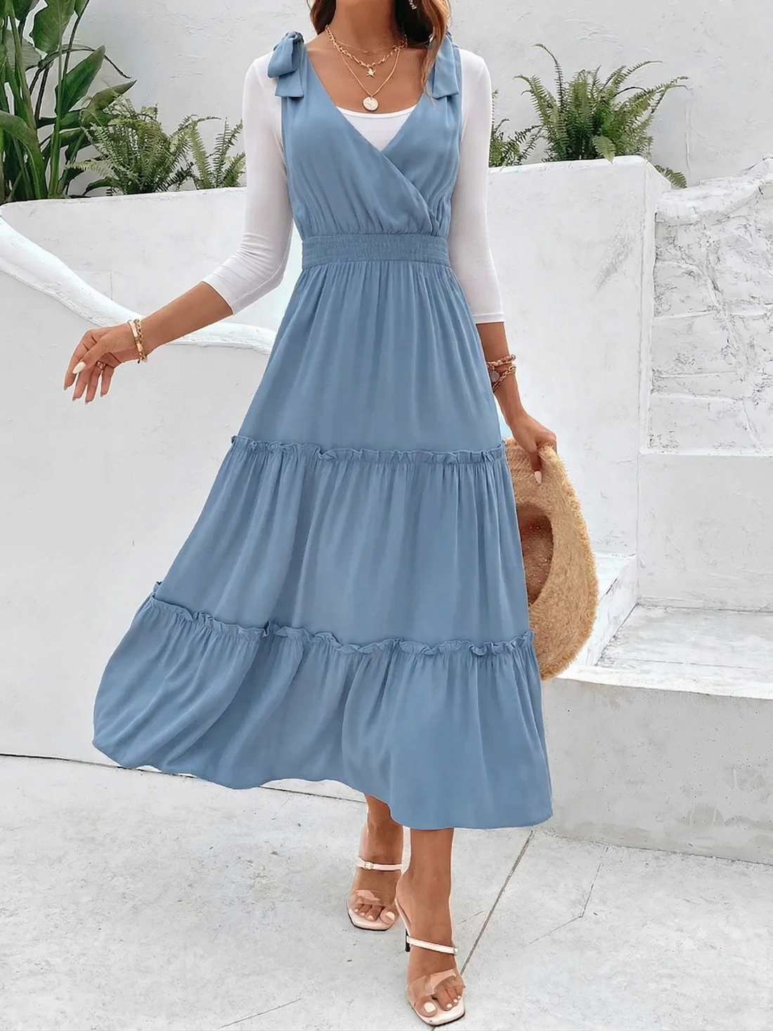 Tie-Shoulder Smocked Waist Tiered Maxi Dress