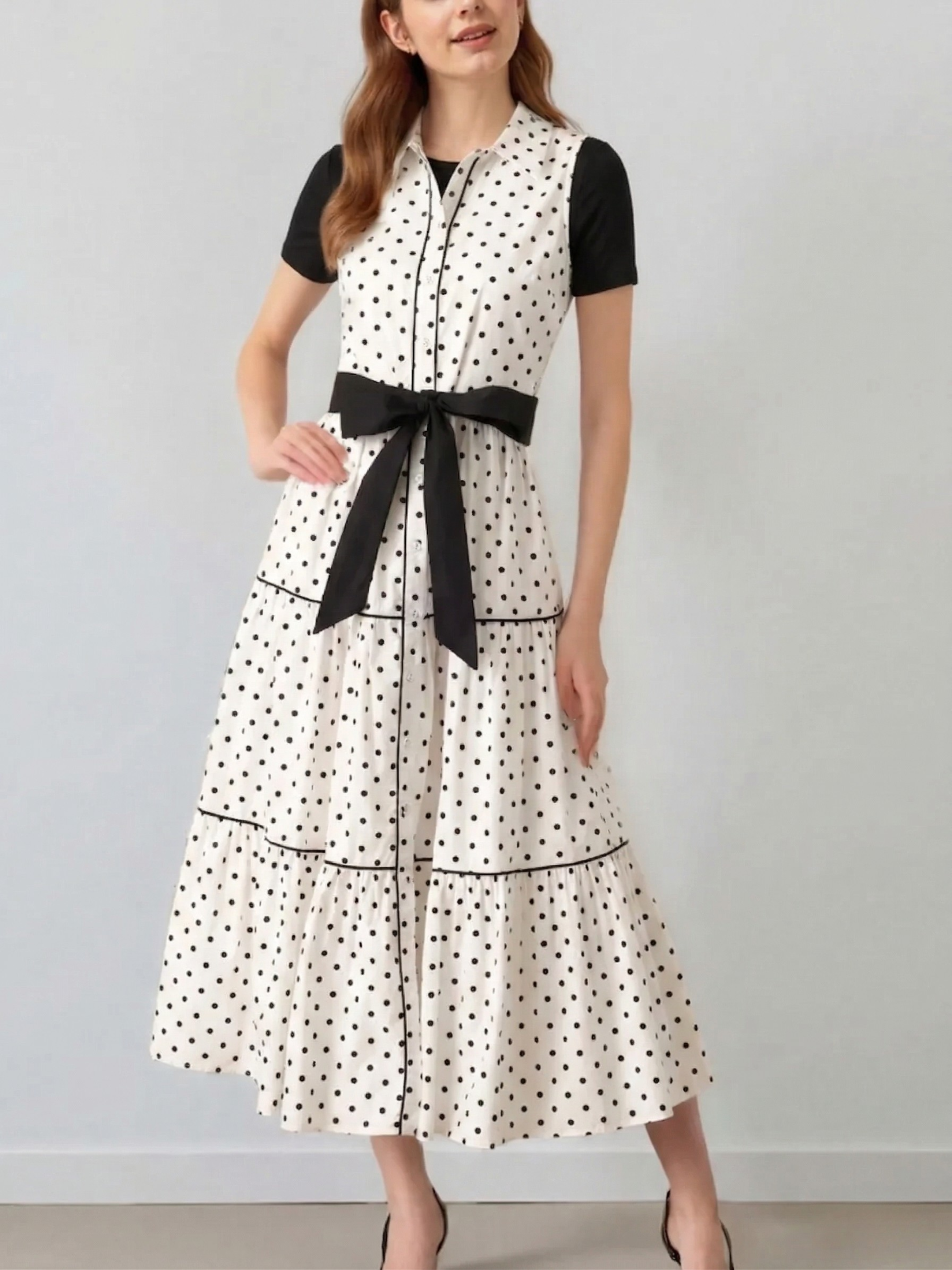 Polka Dot Collared Sleeveless Belted Tiered Midi Dress