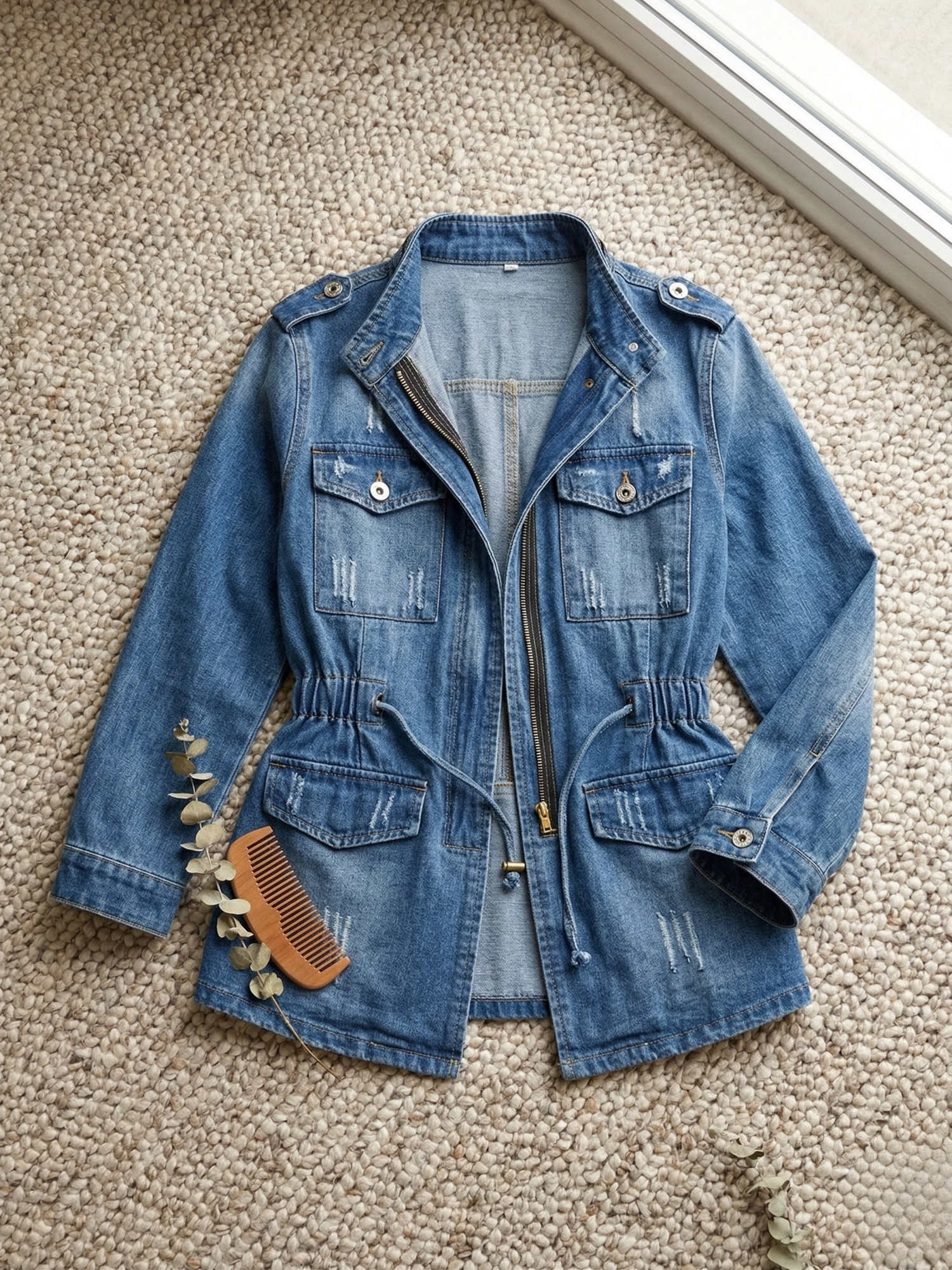 Distressed Zip-Up Utility Denim Jacket (Plus Size Friendly)