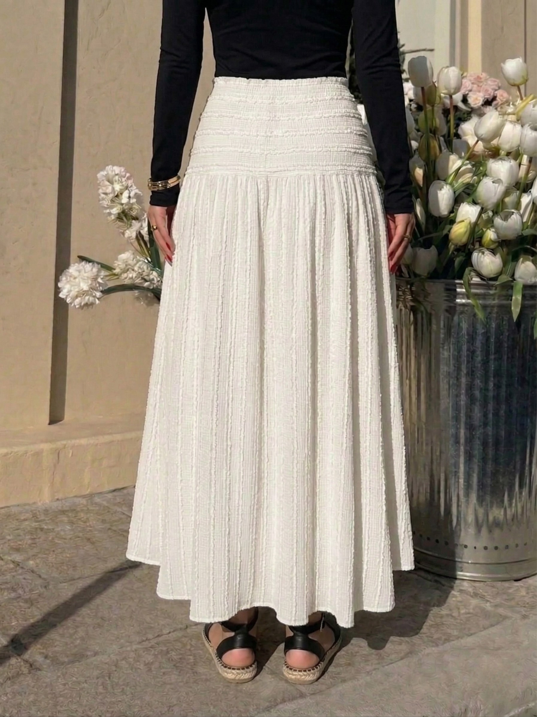 Textured Smocked Waist A-Line Midi Skirt