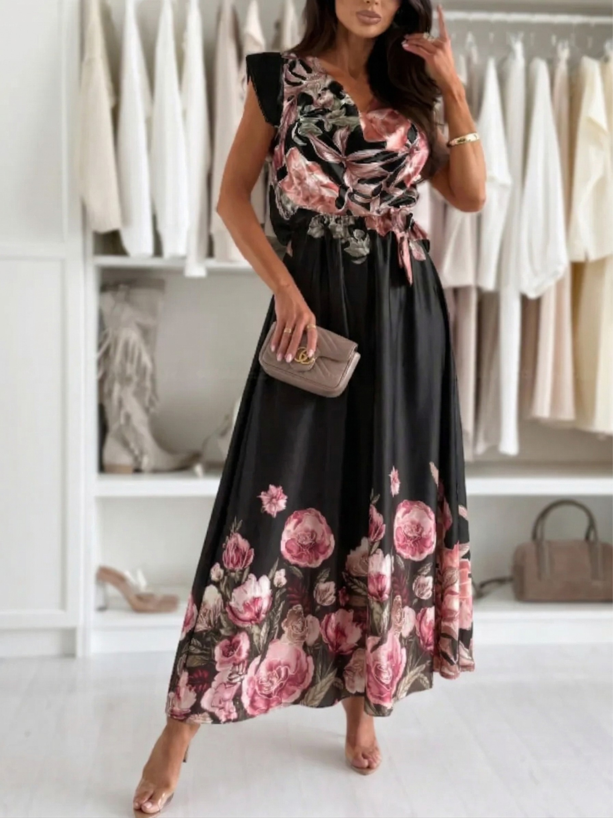 Floral Border Print Ruffle Cap Sleeve Belted Maxi Dress (Plus Size Friendly)