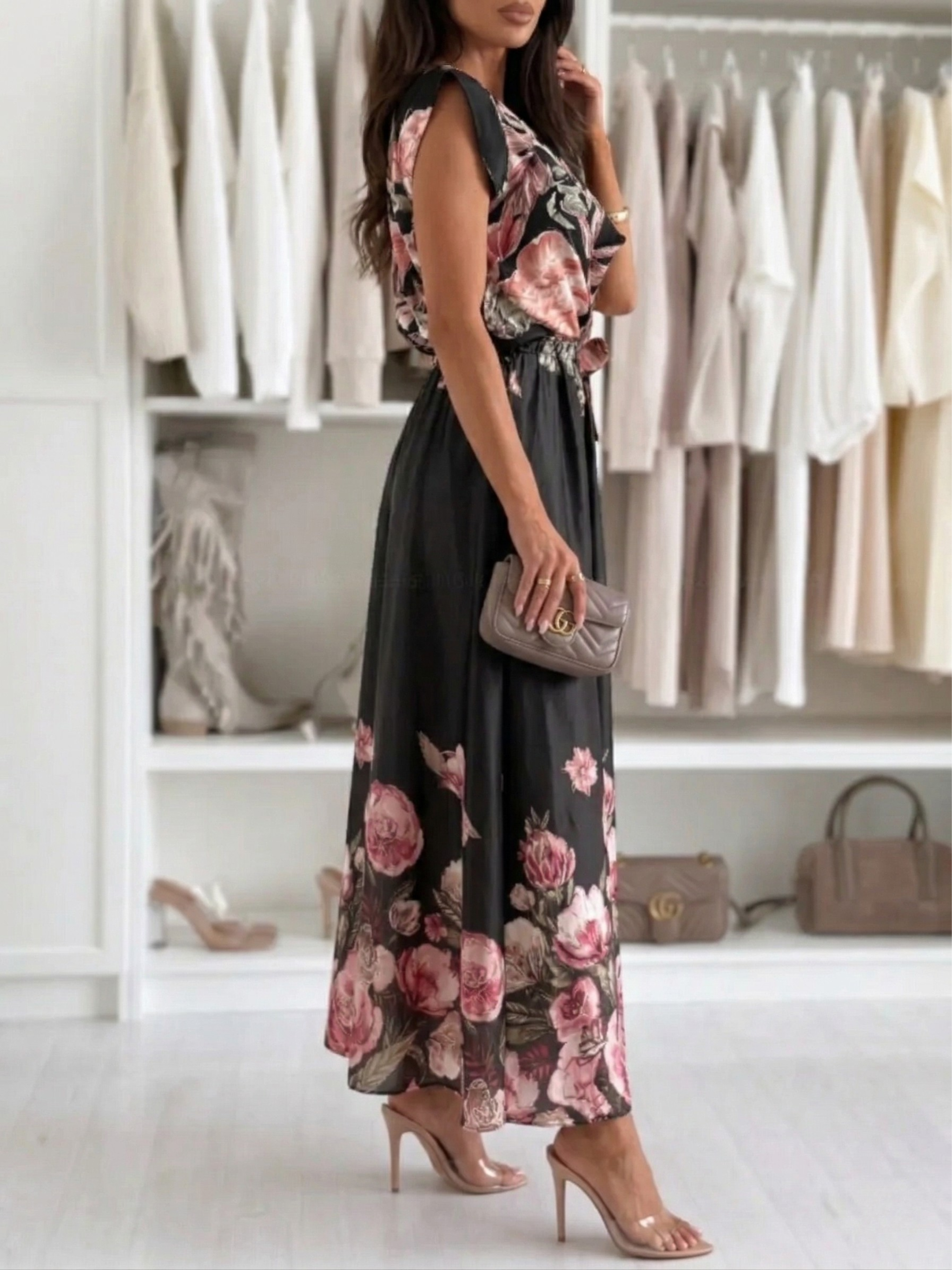 Floral Border Print Ruffle Cap Sleeve Belted Maxi Dress (Plus Size Friendly)