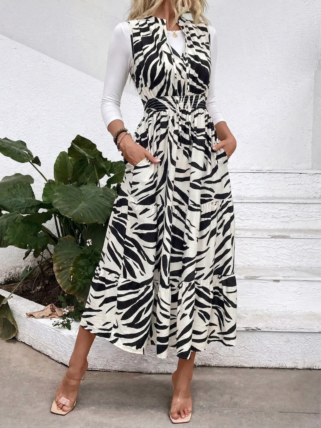 Zebra Print Tie-Neck Smocked Waist Maxi Dress
