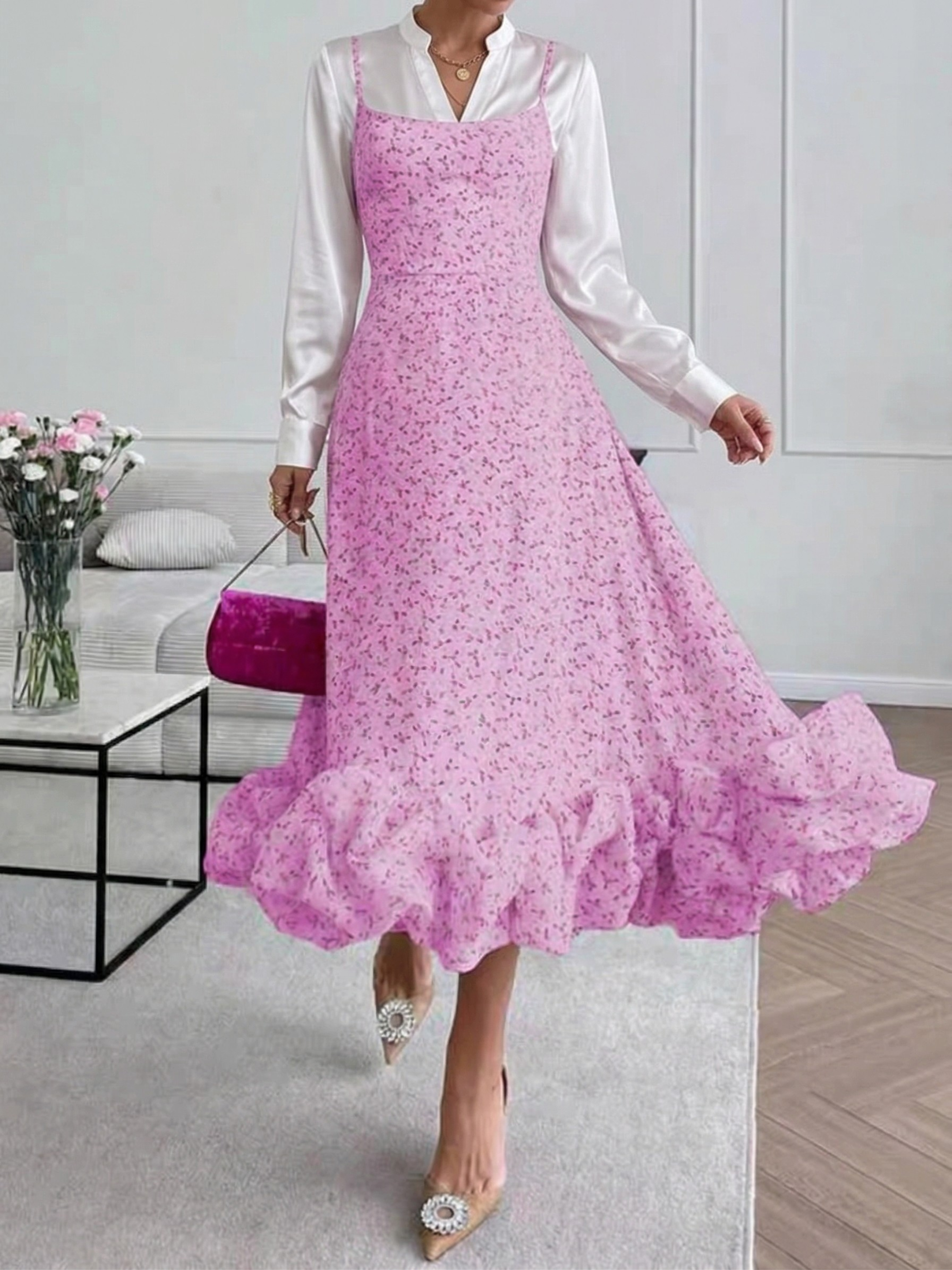 Ditsy Floral Ruffle Hem Spaghetti Strap Midi Dress