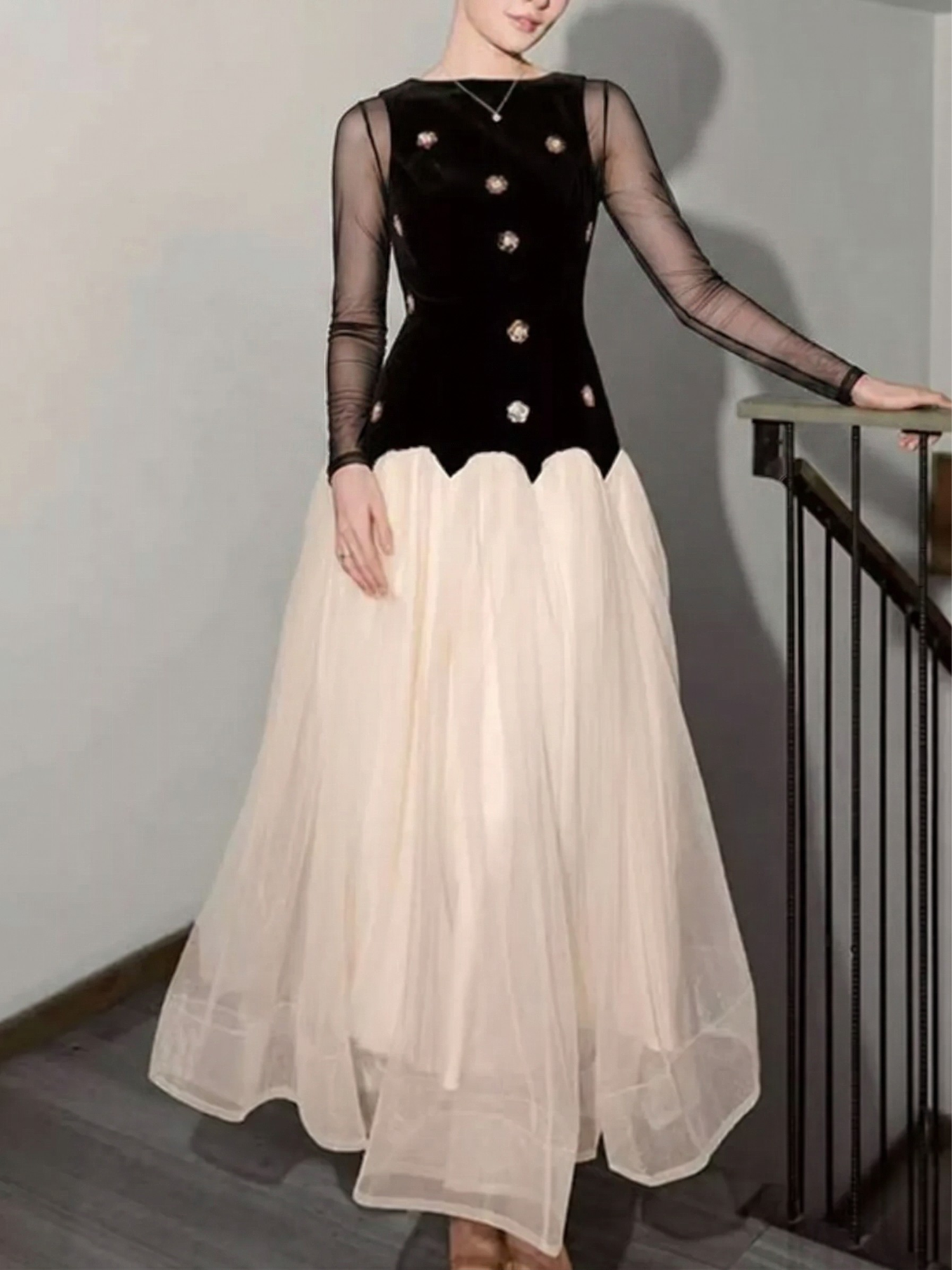 Velvet Bodice Floral Appliqué Tulle Maxi Dress