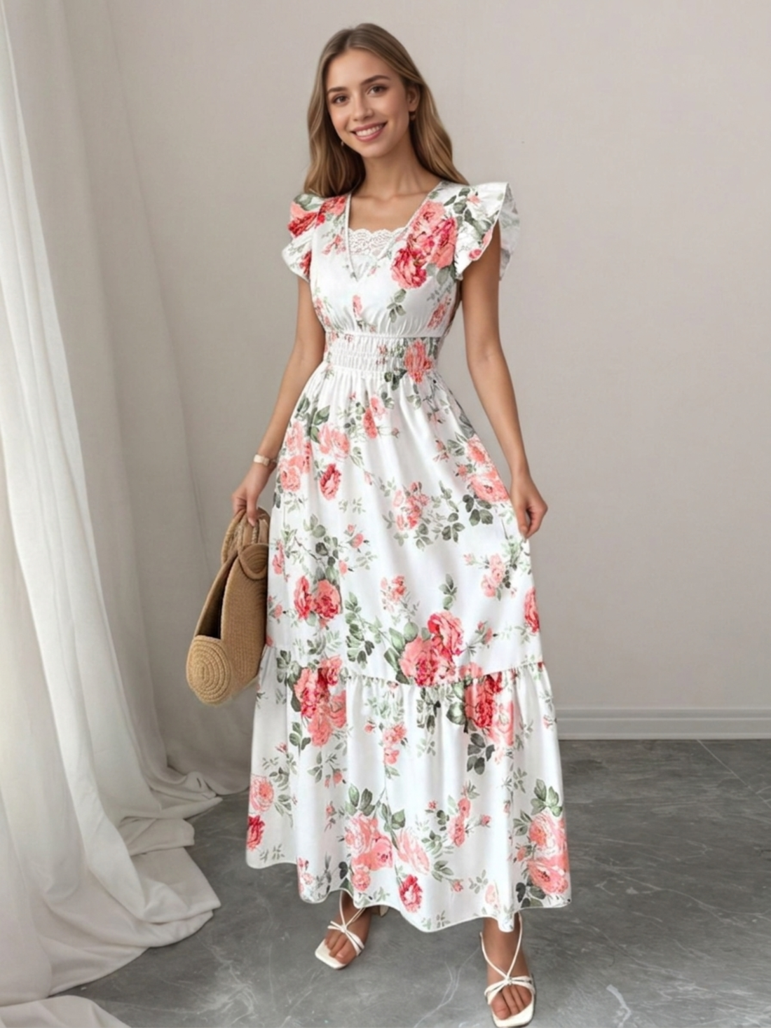 Floral Print Ruffle Sleeve Smocked-Waist Maxi Dress