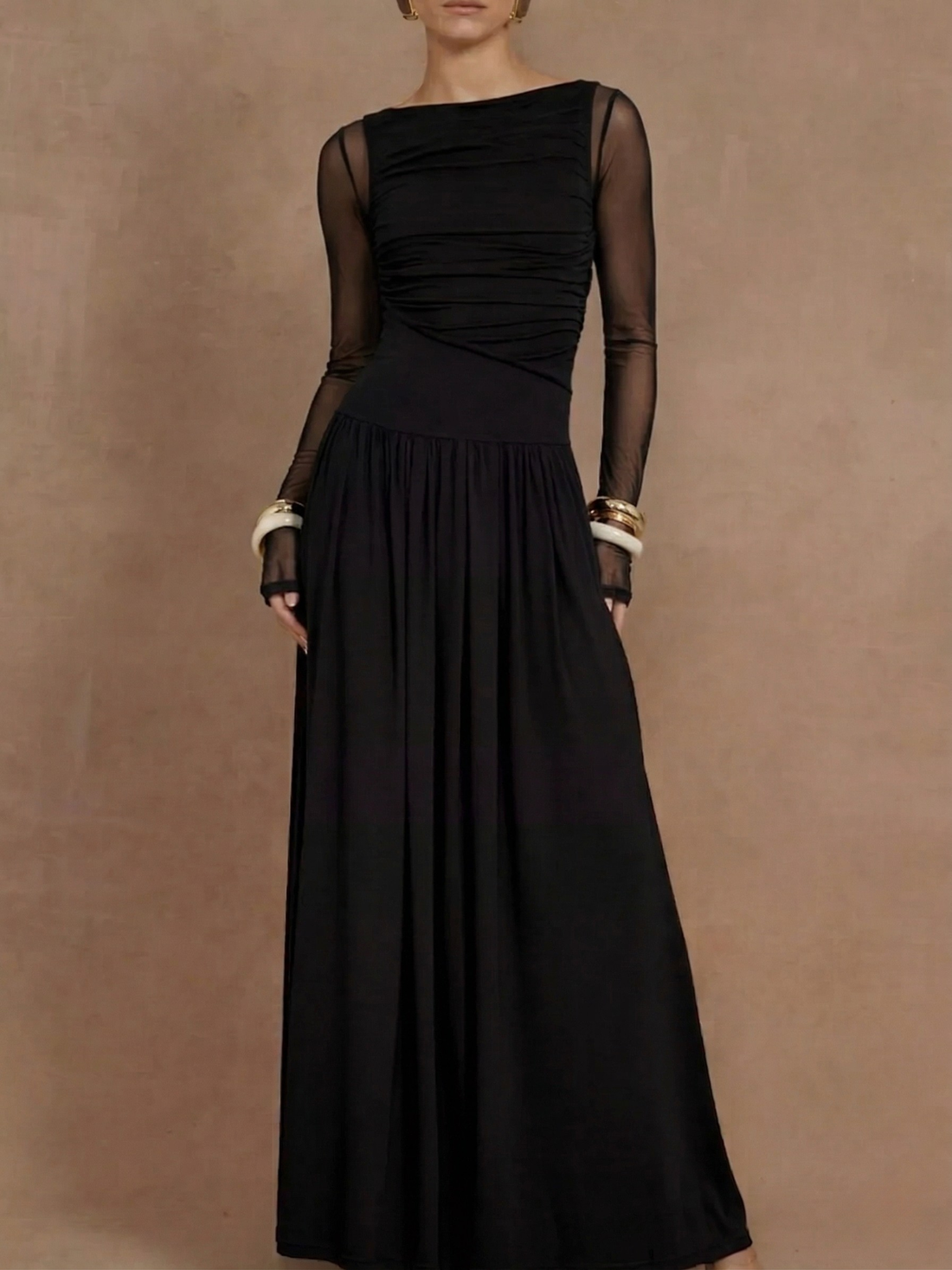 Ruched Bateau Neck Sleeveless Maxi Dress (Plus Size Friendly)