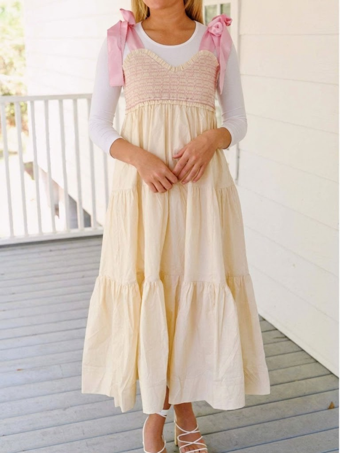 Tie-Shoulder Smocked Tiered Midi Dress