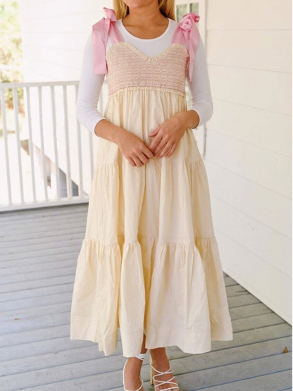 Tie-Shoulder Smocked Tiered Midi Dress
