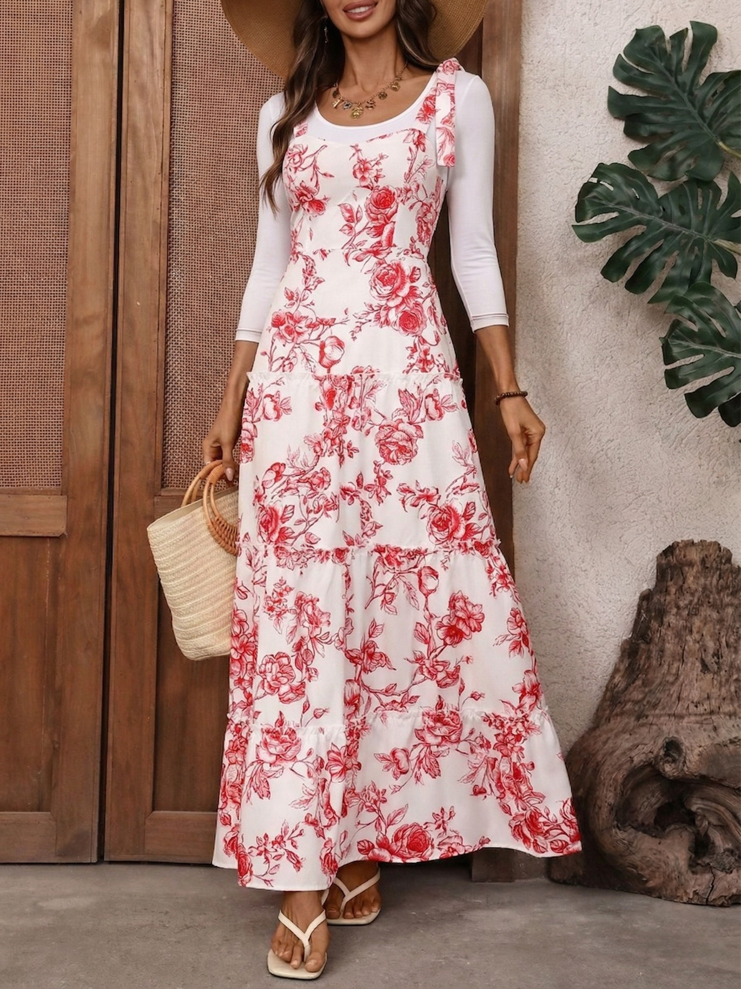 Floral Print Tie-Strap Smocked Maxi Dress