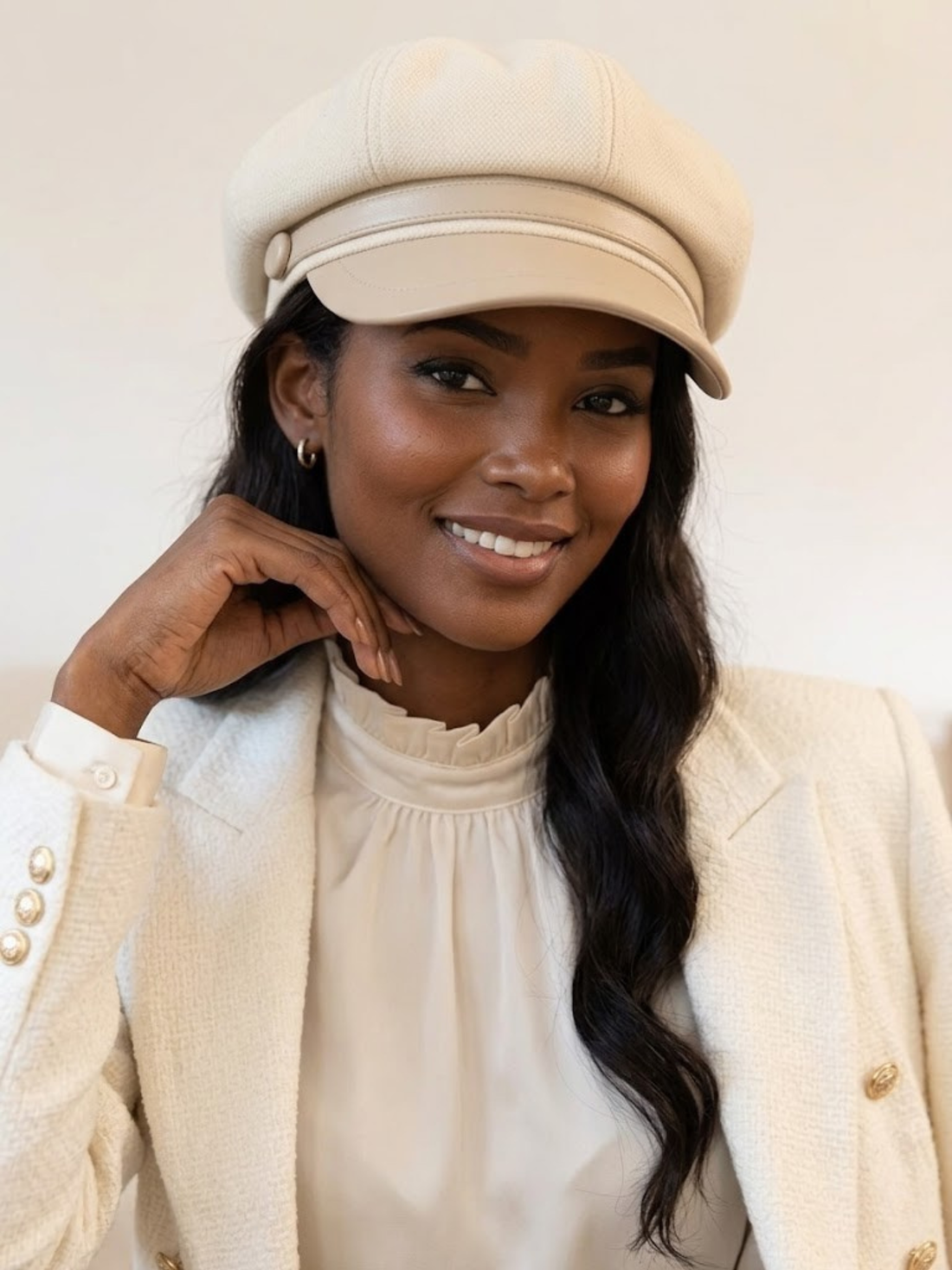 Wool Newsboy Cap with Faux Leather Brim