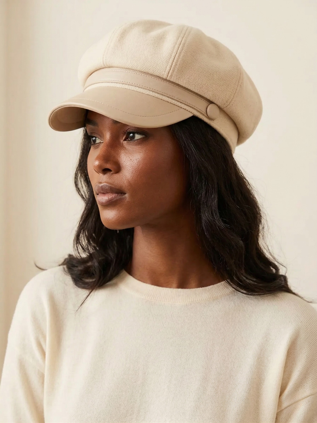 Wool Newsboy Cap with Faux Leather Brim