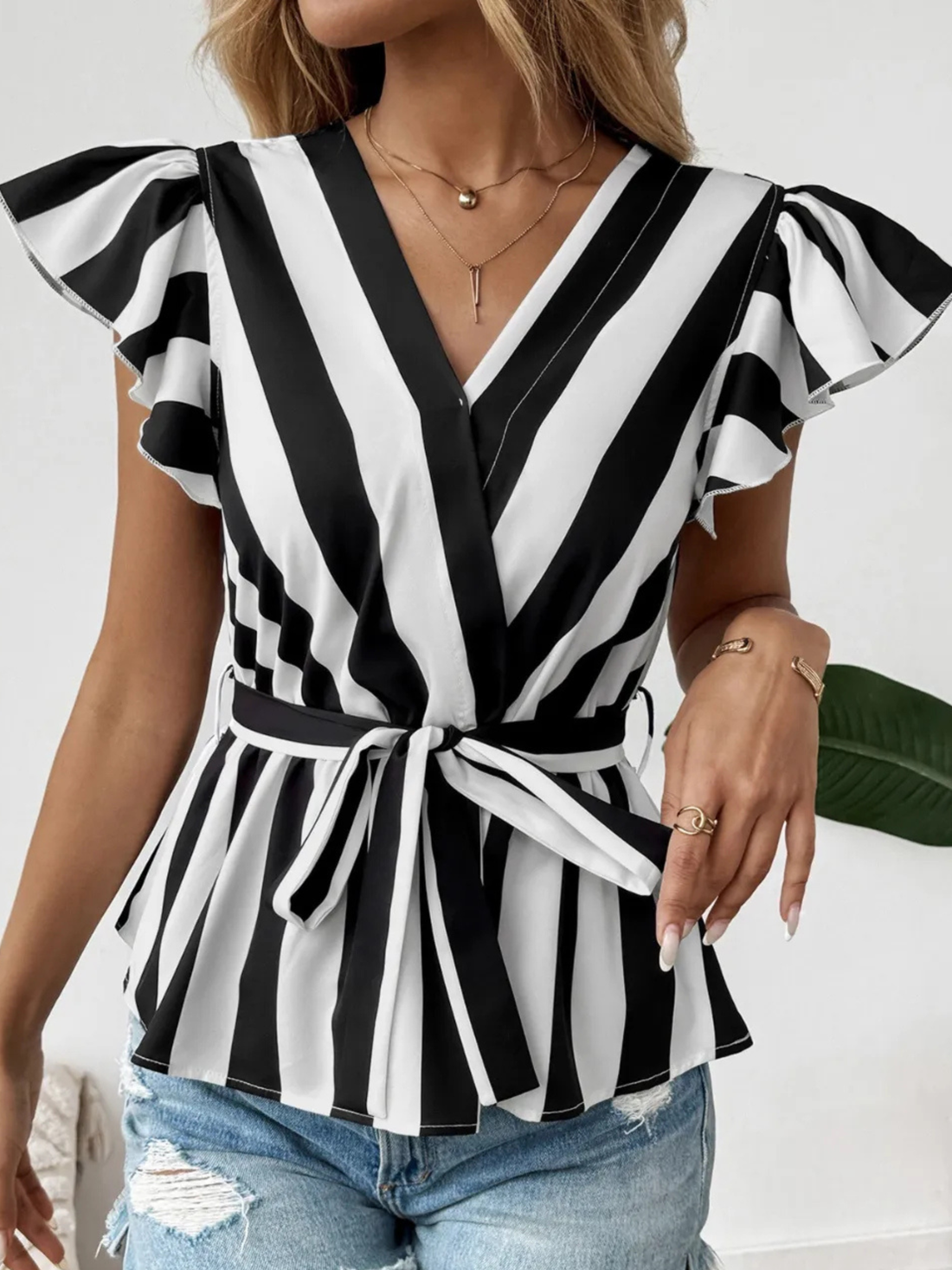 Striped Surplice Flutter Sleeve Belted Peplum Blouse