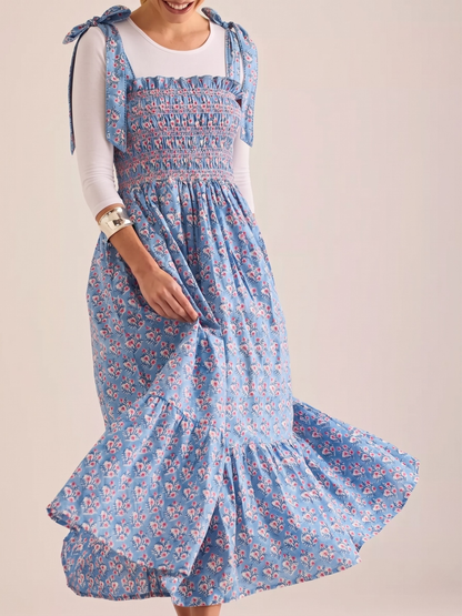 Floral Smocked Tie-Shoulder Midi Dress