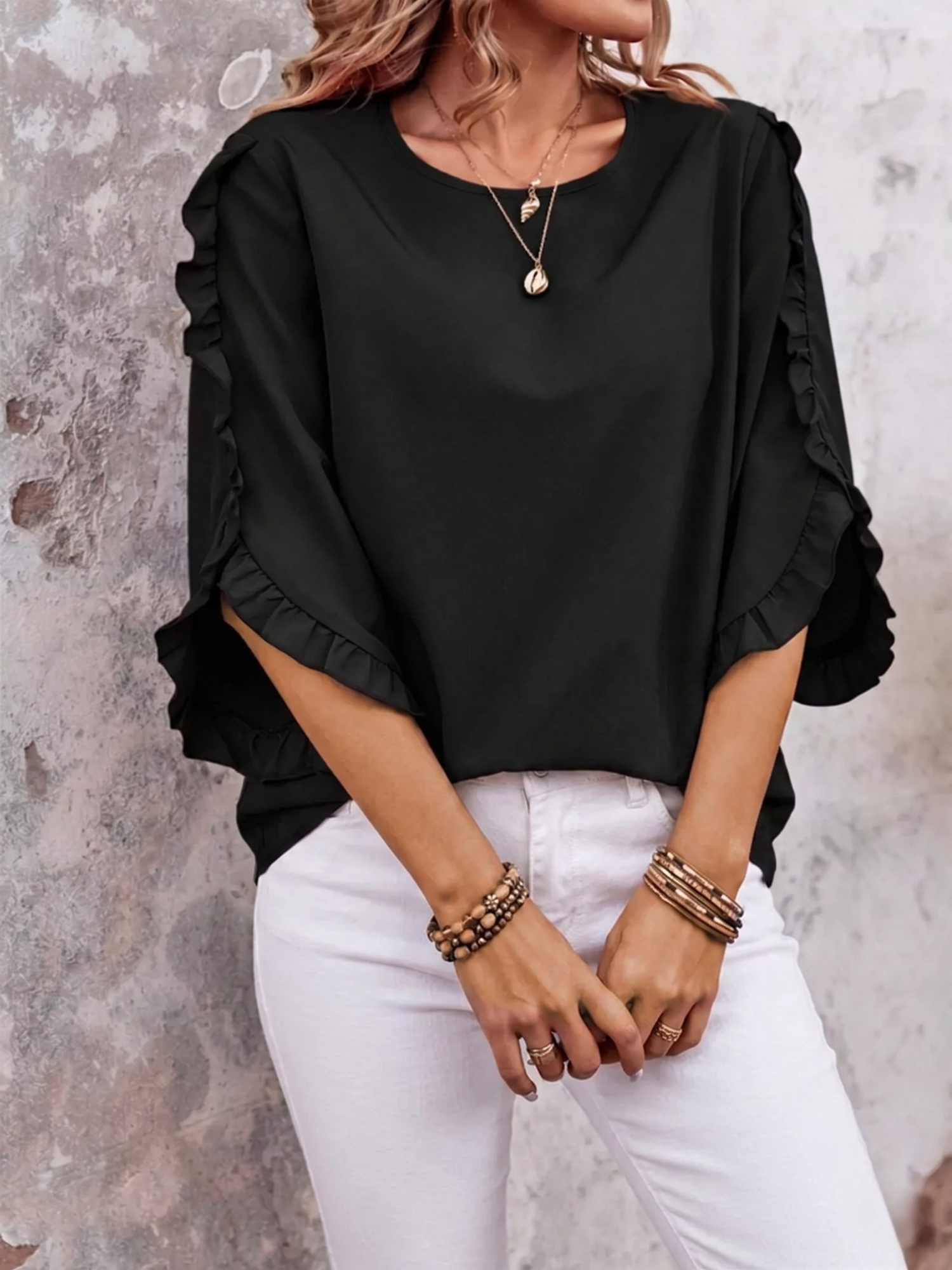 Ruffle Trim Sleeve Blouse (Plus Size Friendly)