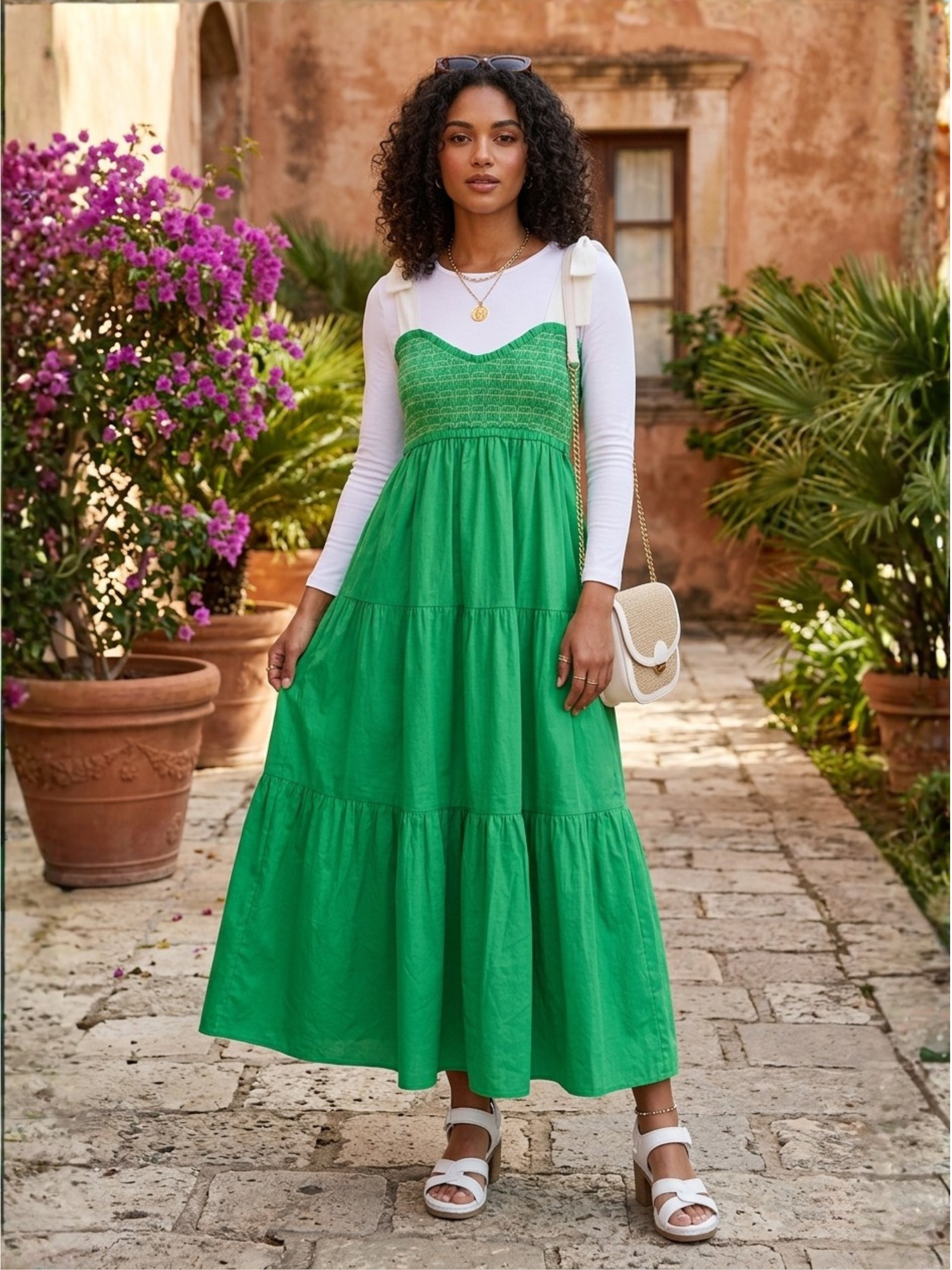 Tie-Shoulder Smocked Tiered Midi Dress