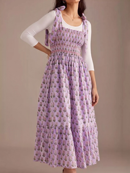 Floral Smocked Tie-Shoulder Midi Dress