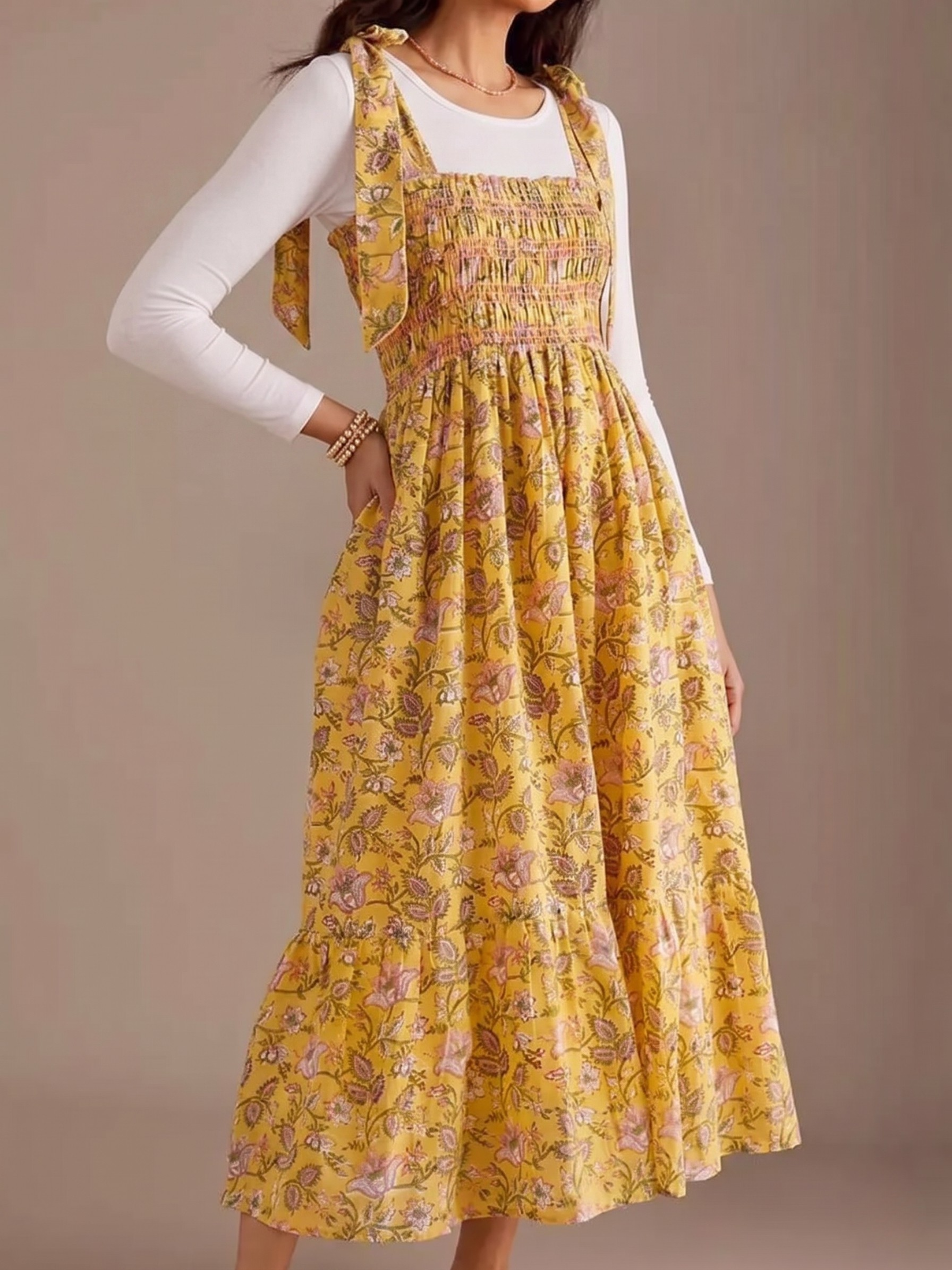 Floral Smocked Tie-Shoulder Midi Dress