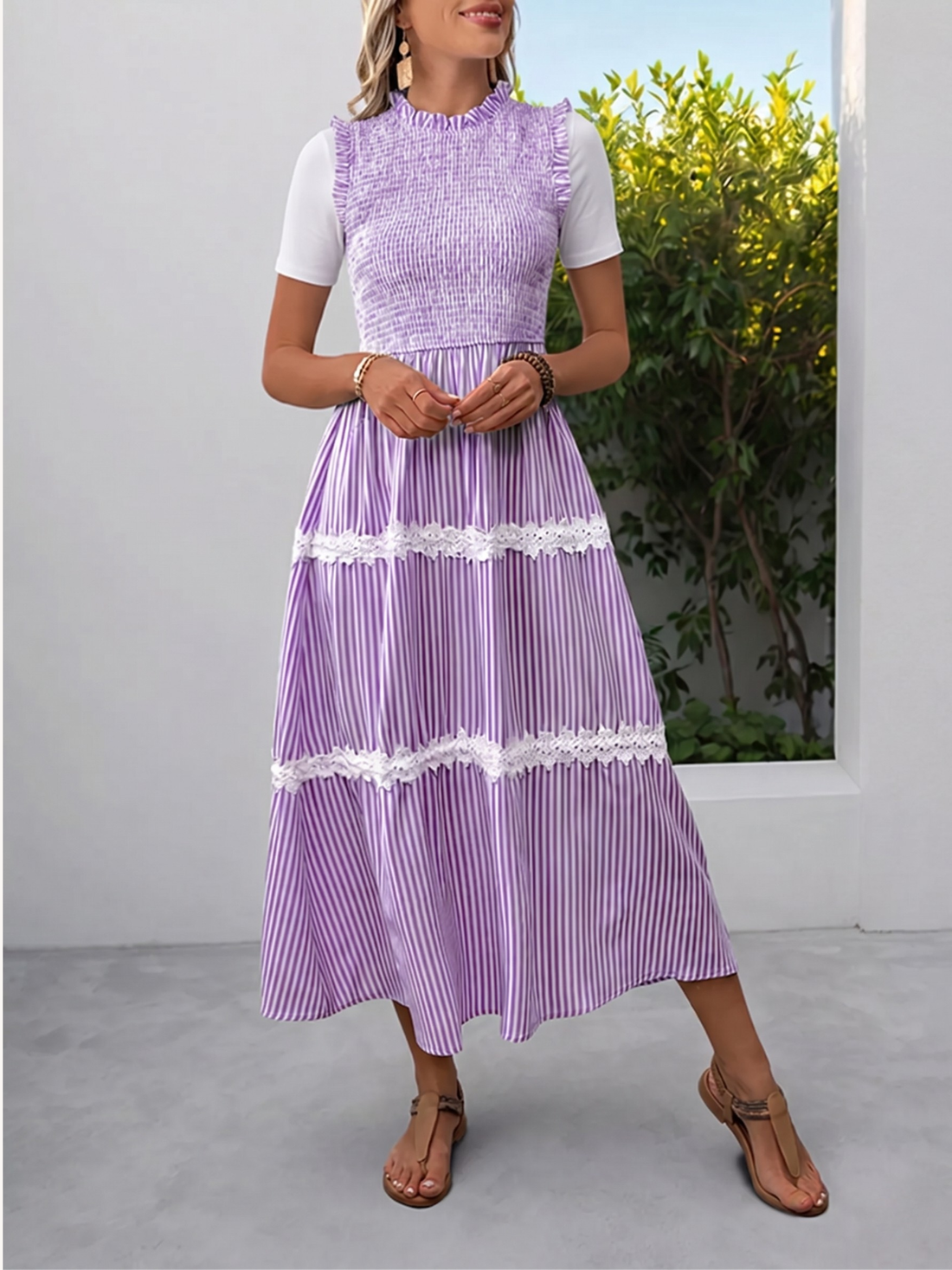 Smocked Striped Lace Trim Tiered Midi Dress