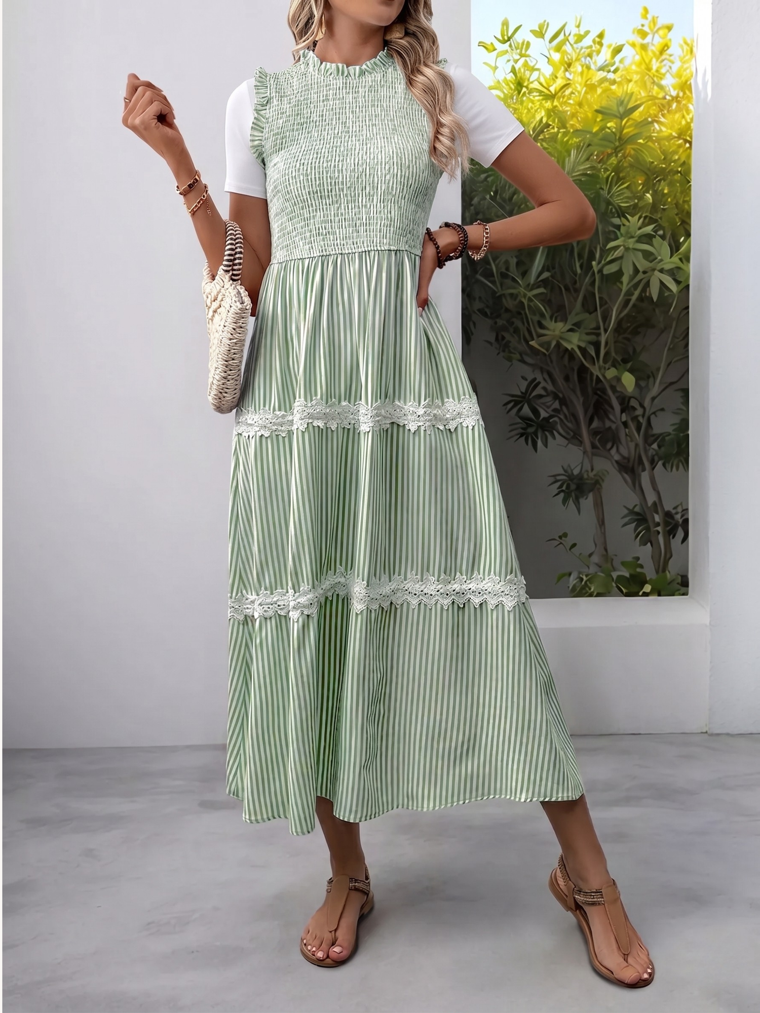 Smocked Striped Lace Trim Tiered Midi Dress