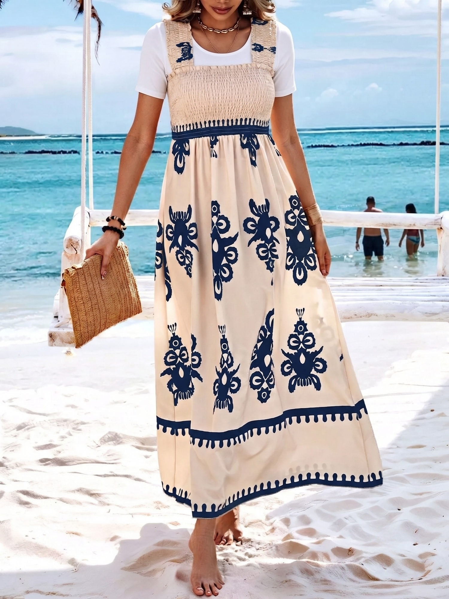 Smocked Printed Square Neck Maxi Dress (Plus Size Friendly)