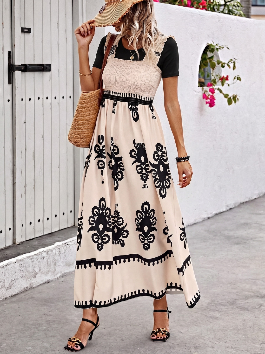 Smocked Printed Square Neck Maxi Dress (Plus Size Friendly)