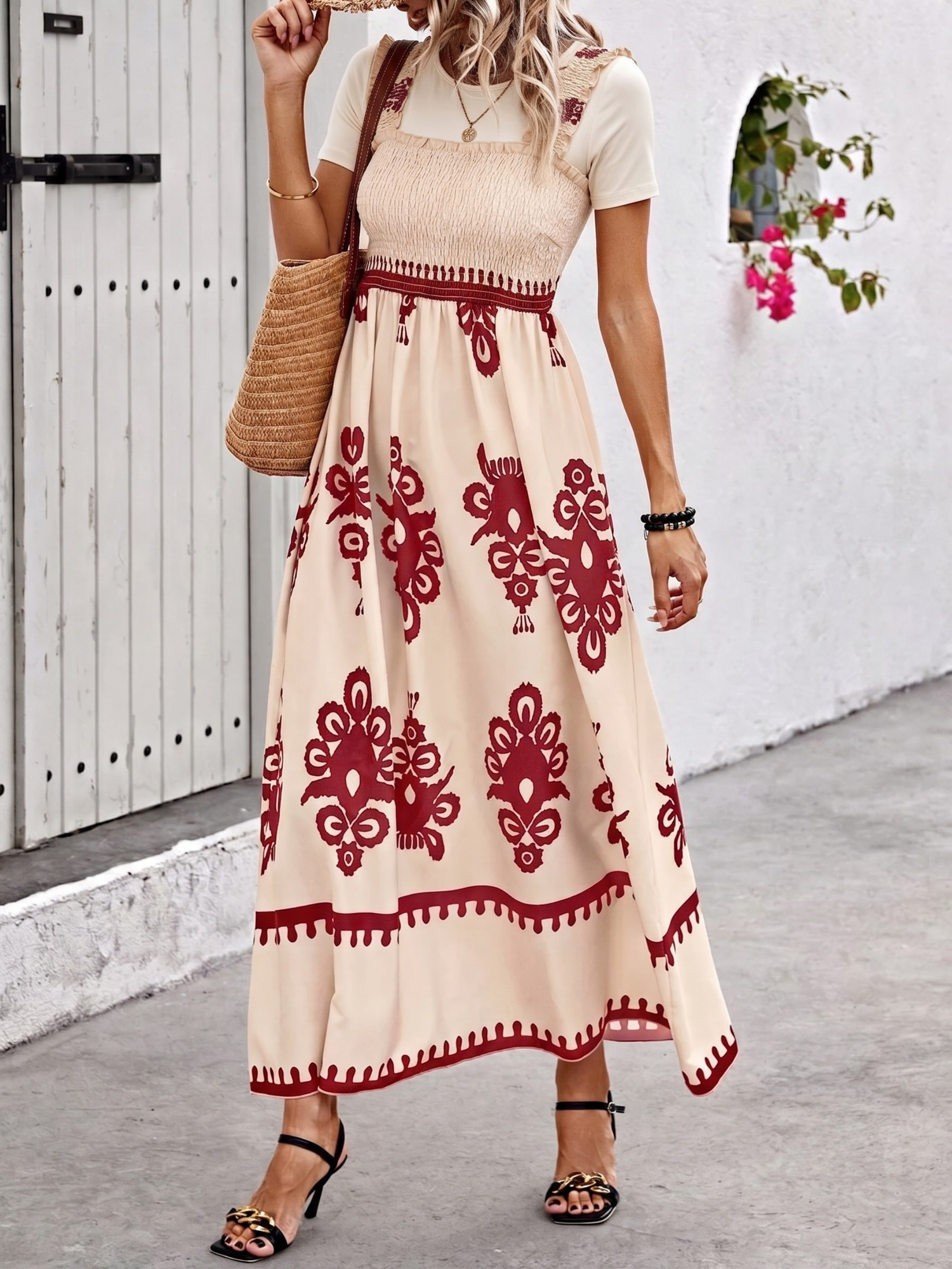 Smocked Printed Square Neck Maxi Dress (Plus Size Friendly)