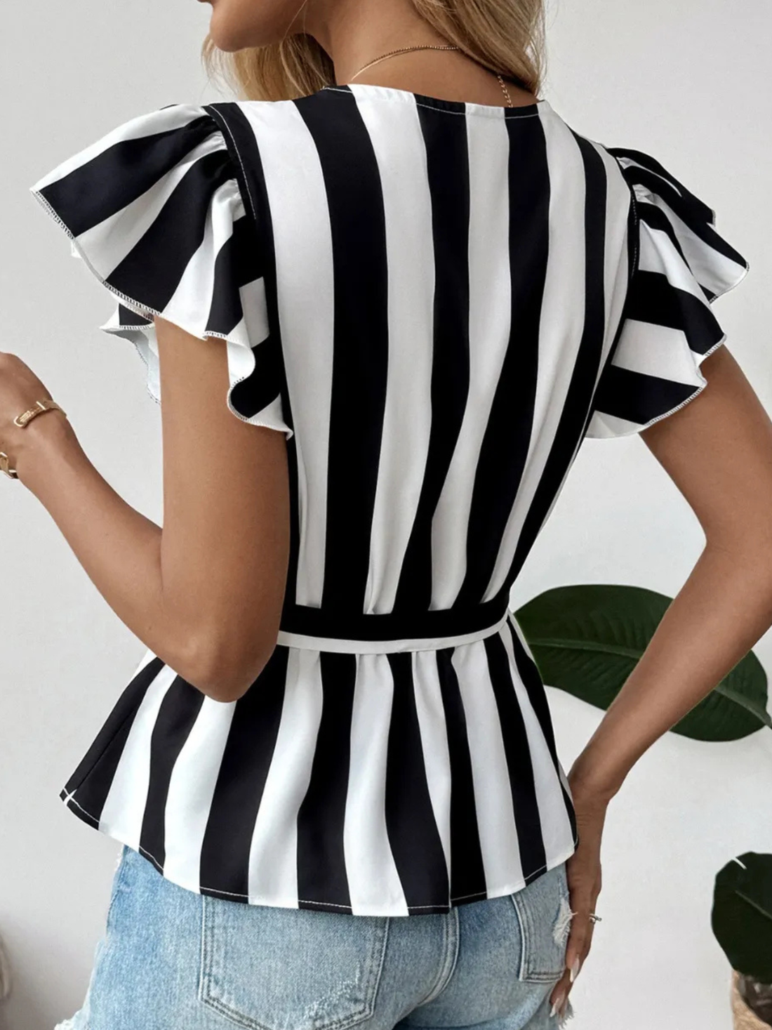 Striped Surplice Flutter Sleeve Belted Peplum Blouse