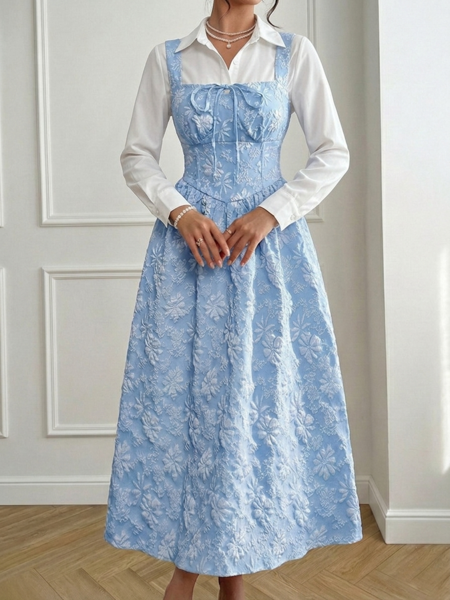 Floral Jacquard Tie-Front Smocked Midi Dress