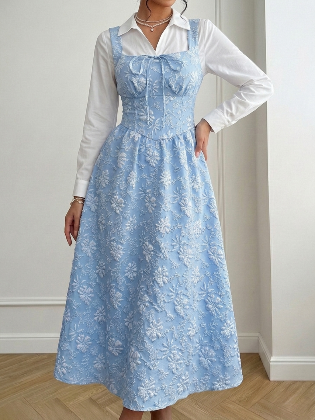 Floral Jacquard Tie-Front Smocked Midi Dress